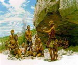 yapboz Grup Neandertal erkeklerin bir kaya barınak koruması altında, bireylerin farklı aktiviteler: chartting taşlar, diğerleri avcılık hazırlarken fark